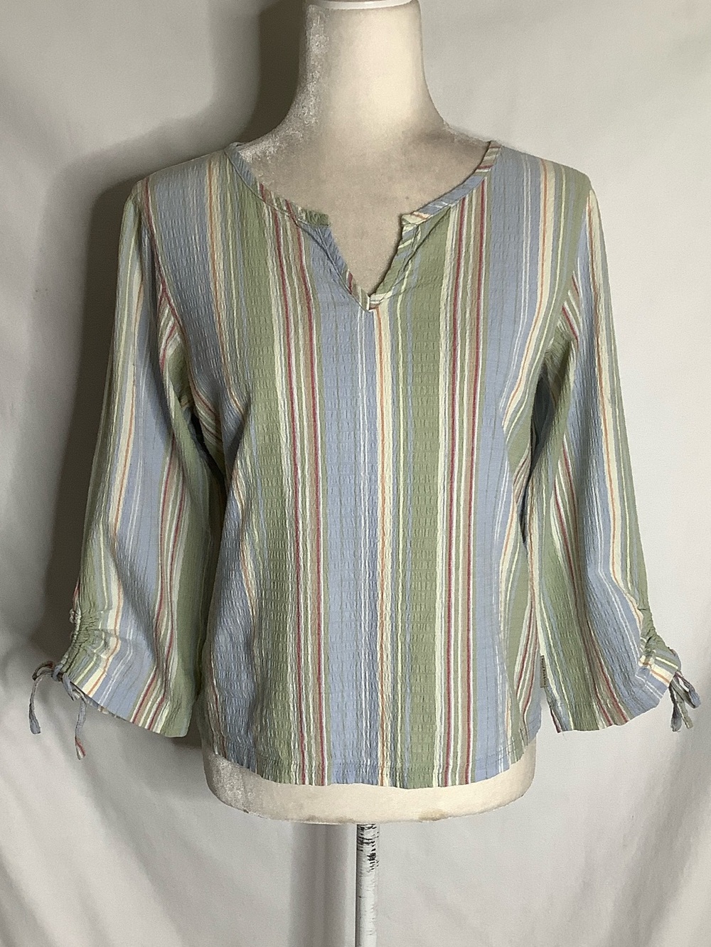 Royal Robbins Vintage Pastel Crinkle Stripe Tie-Sleeve Blouse Size S